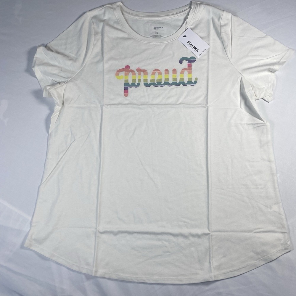 NWT Sonoma Tee Shirt PROUD PRIDE Graphic Tee White S/S Women's Plus 1XL